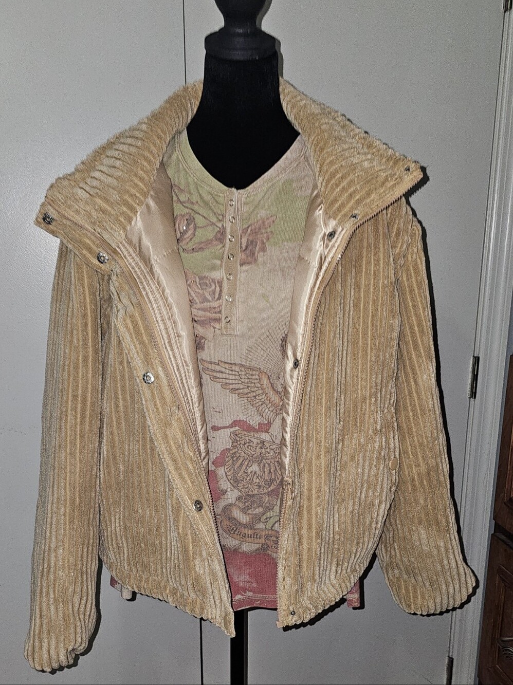 Vintage Entro Corduroy Puffer Funnel Neck Jacket in Beige Sz Med